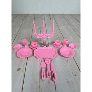 Barbie Dining Set Pink Dishes Cups Utensils Candelabra Dollhouse Lot